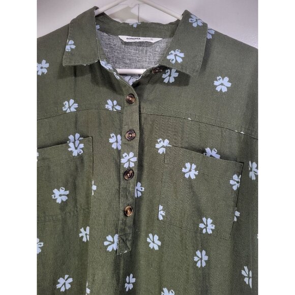 SONOMA Linen Blend Shirt Dress Olive Green with Blue Flowers SZ XL *No belt - Picture 5 of 8